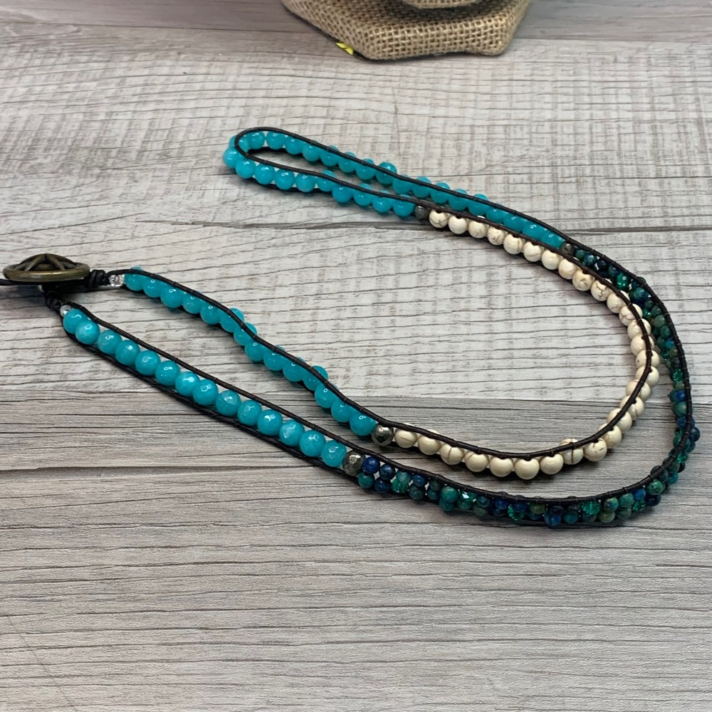 Boho Turquoise Cream Beaded Leather Wrap Bracelet Star Button 28 Inch
